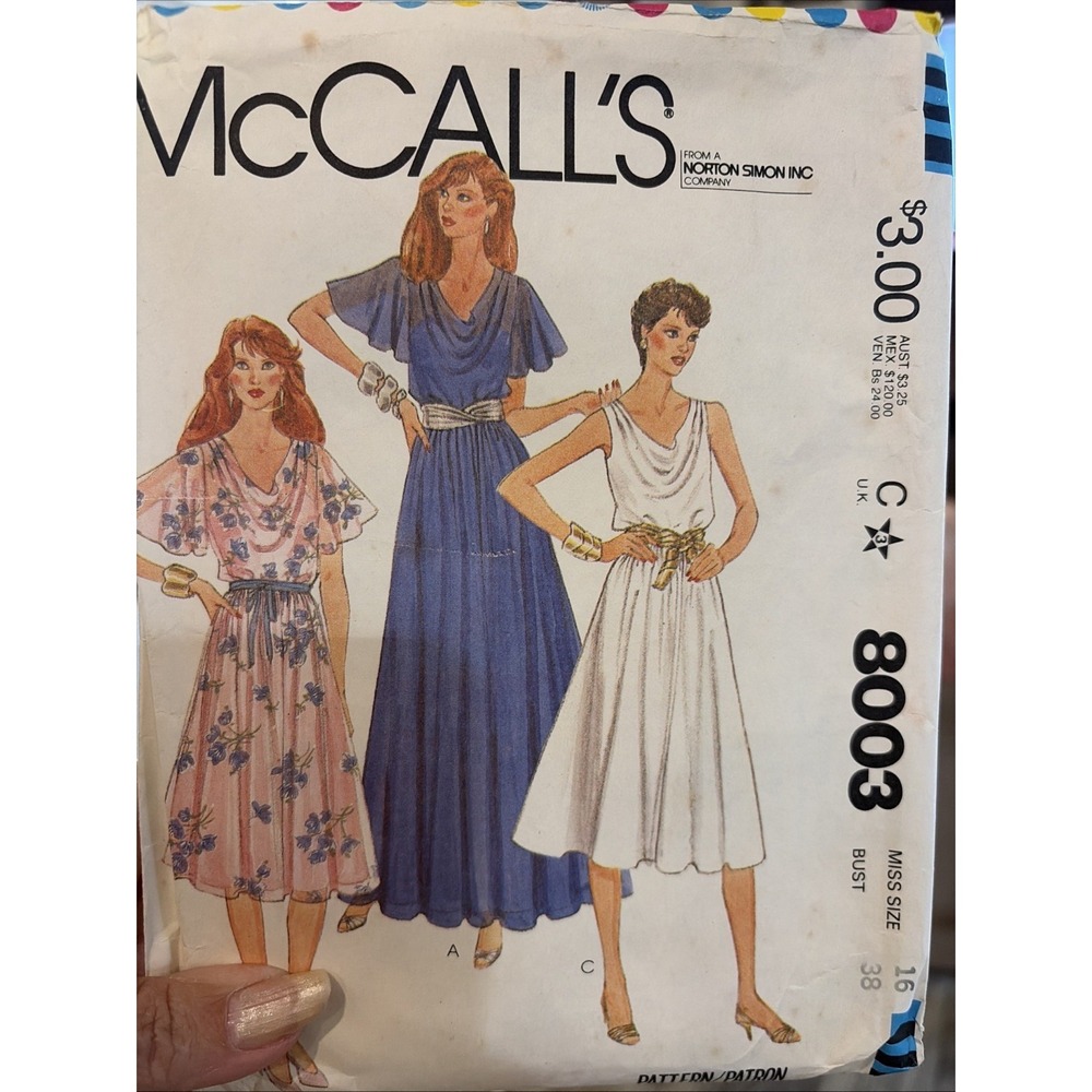 Vintage 1982 McCalls 8003 Dress Sewing Pattern Size 16 Cowl Neck Retro 80s Cut